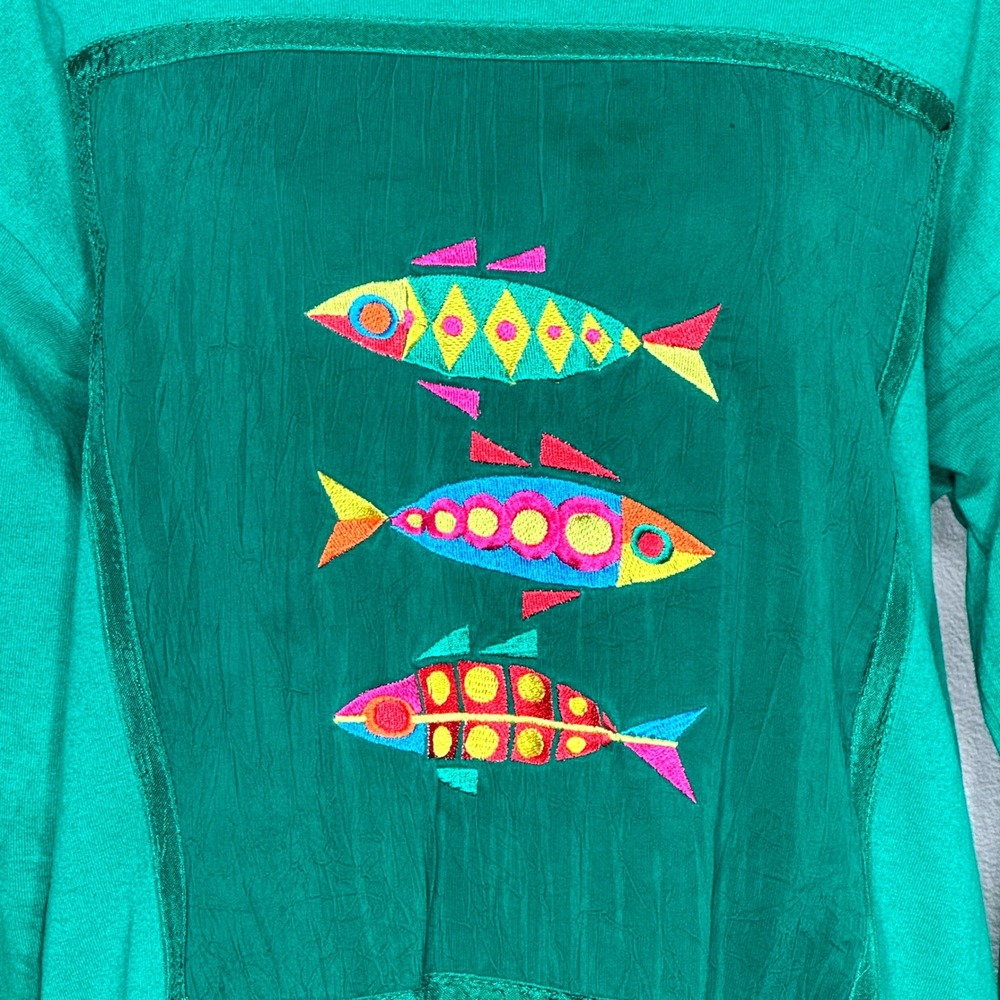 JOHNNY WAS T-Shirt Maxi Dress MED Long Sleeve‎ Embroidered Fish Kelly Green - Picture 4 of 12